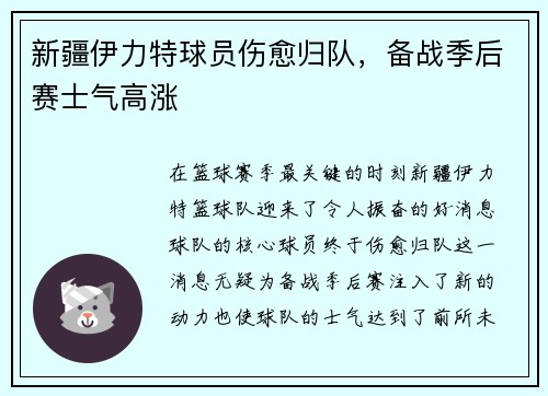 新疆伊力特球员伤愈归队，备战季后赛士气高涨